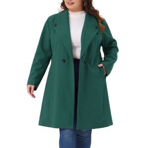 Plus Size Winter Lapel Single Breasted Belted Pocket Trench Coat Dark Green